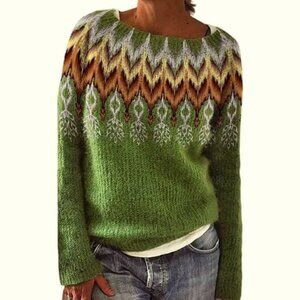 Argyle Chevron Sweater (S) Apple Green Patterned Boat Neck Knit Sweater